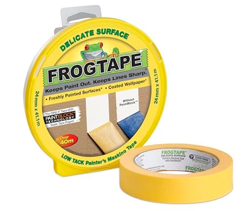 Image of Frog Tape Yellow Delicate Surface Painters Masking Tape 24mm x 41.1m Hanging Pack. Indoor painting and decorating for sharp lines and no paint bleed
