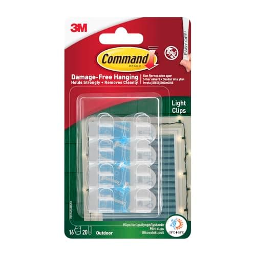 Image of Command Outdoor Decorating Light Clips - 16 Mini Hooks and 20 Small Adhesive Strips,Transparent - Clips for Hanging Decorations and Fairy Lights Outdoors - Damage Free Hanging