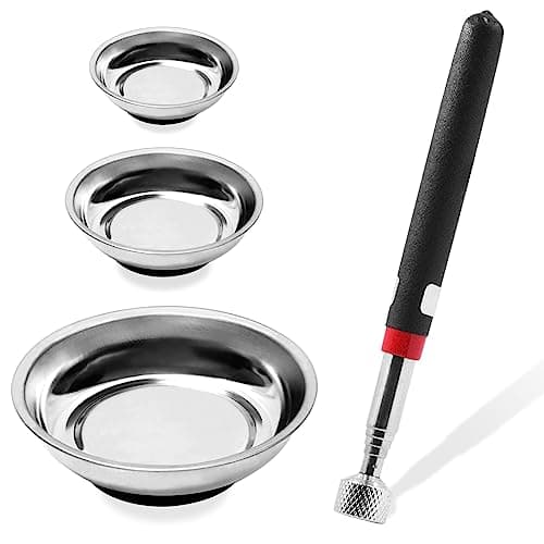 Image of Glarks 4Pcs Magnetic Tool Trays with Magnetic Pickup Tool Set, 3" 4" 6" Round Magnet Bowls Tools Parts Tray Holder and 10 lb Telescoping Magnet Pickup Stick for Socket Screw Nut Bolt Metal Parts