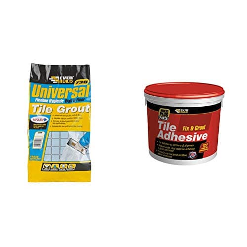 Image of Everbuild 730 Universal Flexible Hygienic Wall and Floor Tile Grout, Ivory, 5 kg & FIX005 703 Fix and Grout Tile Adhesive, White, 750 g
