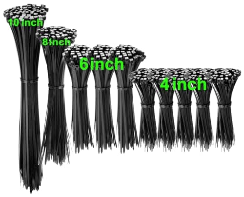 Image of Viuxule Black Nylon Cable Ties, 1000 Pack, Assorted Sizes 100/150/200/250mm, 2.5/3.6mm Width, UV Resistant, Self Locking, 18kg Strength