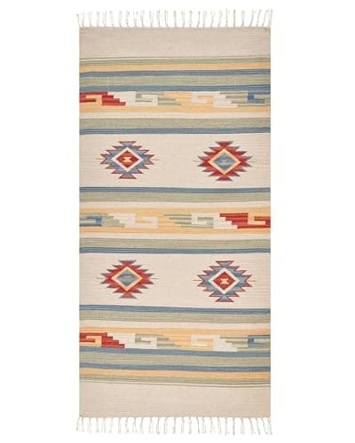 Image of Beliani Kilim Handwoevn Area Rug Cotton Geometric Symbols Reversible Pattern with Tassels 80 x 150 cm Multicolour Aparan
