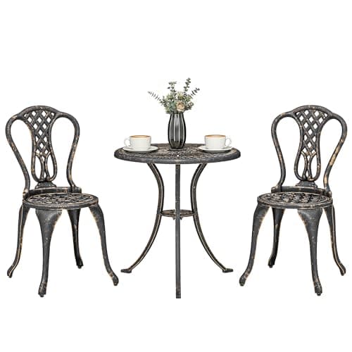 Image of Outsunny 3 Pieces Outdoor Bistro Set, Cast Aluminium Patio Furniture, Garden Bistro Set for 2 with Umbrella Hole and 2 Chairs, for Patio, Balcony, Bronze Tone