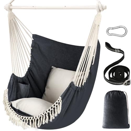 Image of Chihee Hammock Chair Hanging Swing Max 500 Lbs 2 Cushions Included Metal Spreader Bar with Anti-Slip Grooves Portable Hanging Chair Side Pocket Large Macrame Bohemian Chair Indoor Outdoor