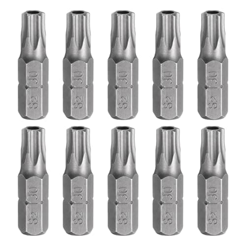 Image of sourcing map 10pcs T30 Torx Screwdriver Bit 1/4" Hex Shank 25mm/1" Length S2 Steel Star 6 Point Head Hex Security Screw Driver Bits with Hole for Impact Electric Screw Driver Power Tools, Grey