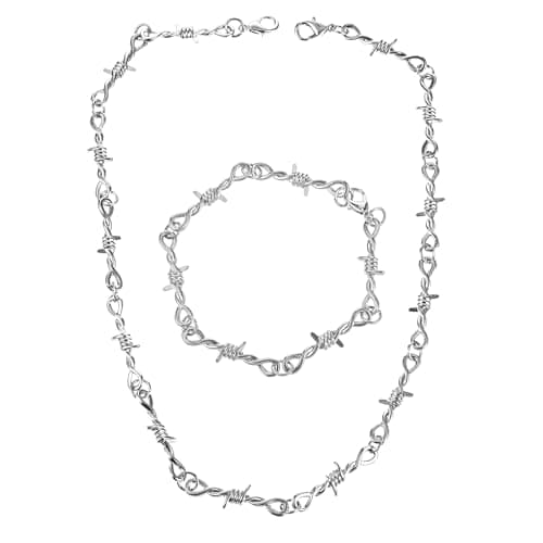 Image of Yolev Punk Thorns Necklace Barbed Wire Bracelet Set Silver Goth Jewelry Metal Flame Barbed Wire Necklace Hiphop Rock Jewelry for Men Women Y2k Daily Versatile Fashion