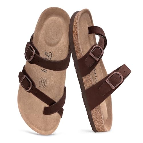 Image of FITORY Women's Slide Sandals with Soft Cork Footbed, Comfort Arch Support Flat Sandals for Summer Suede Brown Size 7