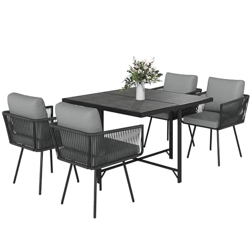 Image of Outsunny 5 Pieces Cube Rattan Garden Furniture Set, Garden Dining Set with Wood-Plastic Table and 4 Armchairs, Space-Saving Rattan Table and Chairs with Removable Cushions for Patio, Light Grey