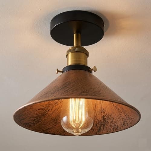 Image of LEDSone Industrial Semi Flush Ceiling Light E27 Metal 22cm Brushed Copper Conical Shade Ceiling Lamp for Hallway Bedroom Living Room Kitchen with Bulb