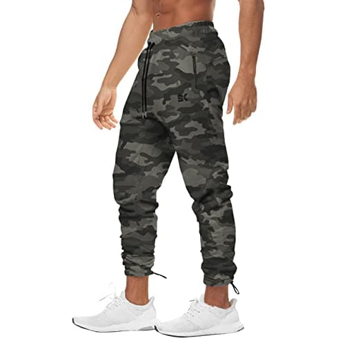 Image of BROKIG Mens Ankle Cords Gym Joggers, Tapered Tracksuit Bottoms Running Sports Workout Trousers Track Pants with Zip Pockets (Camo Green,L)