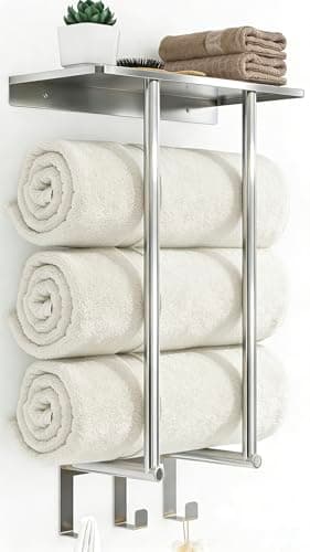 Image of Towel Rack Wall Mounted, BETHOM Bathroom Towel Storage with Shelf and 3 Hooks for Small Bathroom, Bathroom Towel Holder Can Holds Up to 3 Large Size(160 x 100 cm) of Rolled Towels, Brushed Nickel