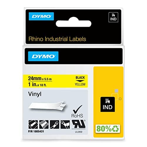 Image of DYMO Rhino Industrial Vinyl Labels | 24 mm x 5.5 m | Black Print on Yellow | Self-Adhesive | for DYMO LabelManager & Rhino Label Makers