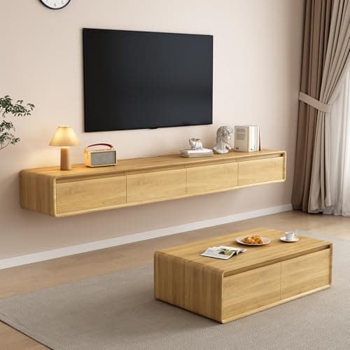 Image of LVRUIEDS Floating TV Unit - Wall Mounted Media Console with 2 Flip-Down Doors & 2 Drawers Entertainment Center TV Cabinet, Video Shelf for Home Room (Wood, 160CM)