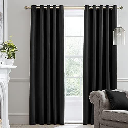 Image of Laurence Llewelyn-Bowen Montrose Black Blackout, W90 x L90 (229 x 229cm), Velvet Living Room & Bedroom, Thermal/Eyelet Curtains, Polyester