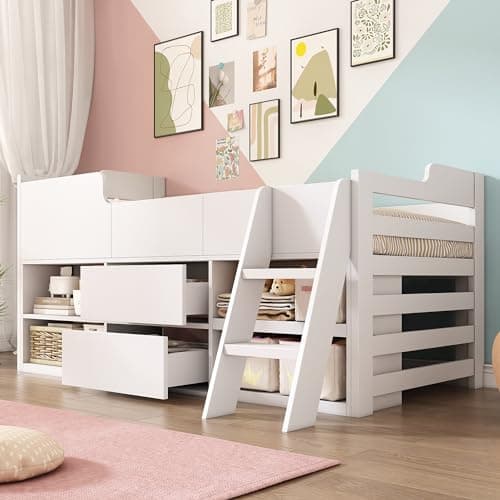 Image of Merax Kids Single Bed with 2 Drawers and Shelves, 3FT Kids Wooden Bed with Storage, Single Bed with Slatted Frame, Mid Sleeper Cabin Bed for Children, White, 90x190 cm (No Mattress)