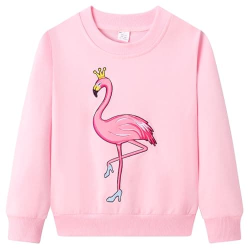 Image of Dinopjs Girls Jumper, Children Sweatshirts, Casual Pullover, Flamingo Cotton Crewneck Sweater, Autumn & Winter Long Sleeve Tops, Dance Costume Uniform, Christmas Warm Clothes for Kids 5-6 Years, Pink