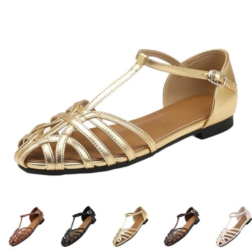 Image of UK 6 Womens Caged Closed-Toe Hollow Toe Flat Sandals T Bar Strap Buckle Roman Vintage Casual Fisherman Sandals Walking Sandal A1_Gold