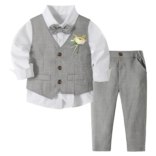 Image of Volunboy Baby Boys 4-Piece Formal Suit, Toddler Waistcoat Wedding Party Birthday Dress Gentleman Suit (Grey, 2-3 Years,Tag Size 100)