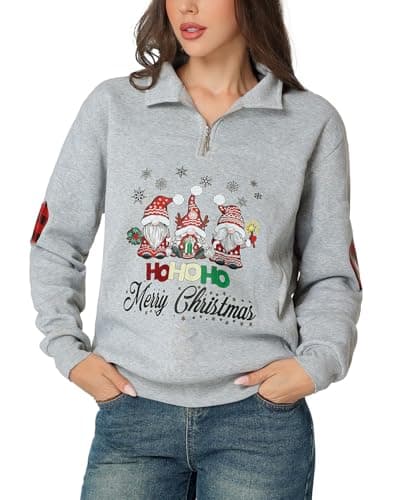 Image of Glimnerize Christmas Womens Print Long Sleeve Sweatshirt 1/4 Zip Standing Collar Gnome Funny Graphic Christmas Jumper Hoodie Grey-A5 XL