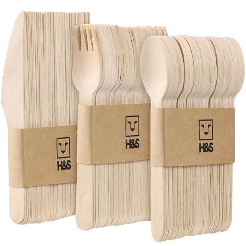 Image of H&S Wooden Cutlery Set - Wood Spoon, Fork and Knife Set - Disposable Cutlery Alternative to Plastic Forks, Spoons, and Knives - Wooden Spoons, Knives, and Forks - 150 Piece Set