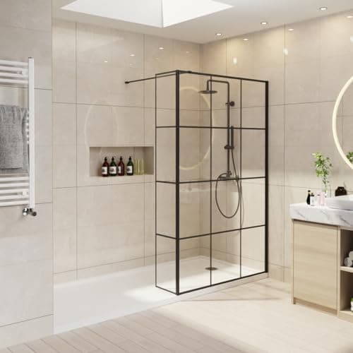 Image of NRG 1000mm Black Grid Framed Wet Room Shower Screen Panels 8mm Easy Clean Glass with 215mm Return Panel