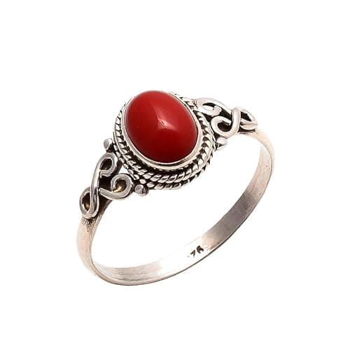 Image of Red Coral Stone Ring 925 Sterling Silver Statement Ring For Women Size UK O Natural Gemstone Ring Handmade Ring Christmas Gifts Ring Jewelry
