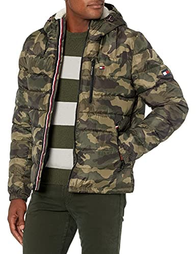 Image of Tommy Hilfiger Men's Midweight Sherpa Lined Hooded Water Resistant Puffer Jacket, Camouflage Tech, M