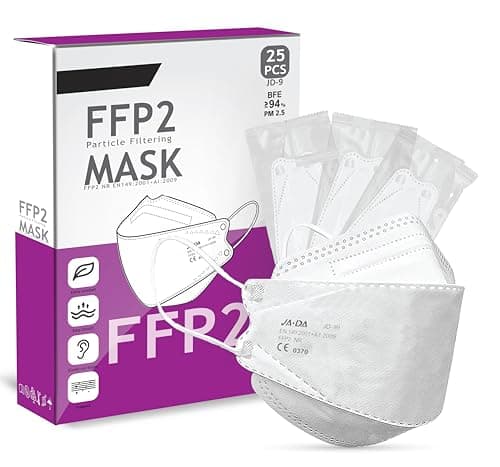 Image of Cleanstro FFP2 Mask Pack of 25 - UK Certified White Face Mask Individually Wrapped - Universal Fit Nose Comfort N95/KN95 Face Masks. Breathable 5-Layer Fiber Protection Filter>94% Dust Masks