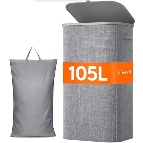 Image of Lifewit 105L Laundry Basket with Lid, Washing Basket with Handles and Bag, Large Foldable Dirty Clothes Organiser with Plastic Frame for Laundry Room, Bedroom, Bathroom, Light Gray