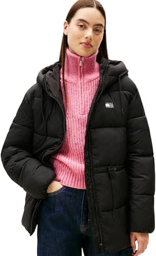Image of Tommy Jeans Women’s Midi Puffer Jacket with Hood, Black (Black), L