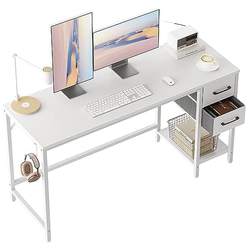 Image of Cubiker Computer Desk with 2 Drawers, 120 x 50 cm Reversible Office Desk, Modern Gaming Desk for Study, Bedroom, Living Room, White