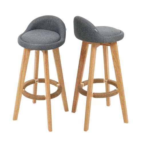 Image of Warmiehomy Grey Bar Stools Set of 2 Modern Swivel Barstools with Solid Wood Legs Kitchen Island Breakfast Bar Stools for Kitchen Counter, Dining Room, Pub, Bistro, Cafe, Linen Fabric