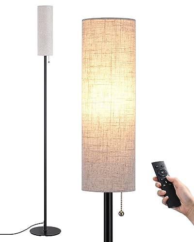 Image of EDISHINE Floor Lamp, Standing Lamp with Rounded Linen Lampshade, Floor Lamps for Living Room, Bedroom, 165cm, E27 Socket(9W LED Dimmable Bulb Included), Magnetic Remote Control, Black