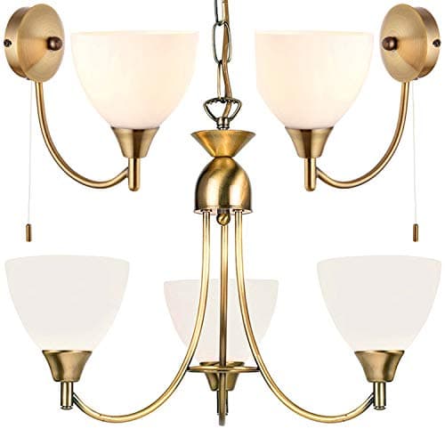 Image of Flush/Hanging 3 Bulb Ceiling & 2X Wall Light Pack | Antique Brass & Frosted Glass Shade | Matching Indoor Lamp Fittings | Modern/Vintage Lounge Bedroom Lighting Set | LED Compatible & Dimmable kit
