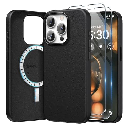 Image of SURPHY Faux Leather Case for iPhone 15 Pro Max Case with Screen Protector, Premium PU Leather Compatible with MagSafe [Metallic Buttons] Cover for iPhone 15 Pro Max 6.7 inch, Black