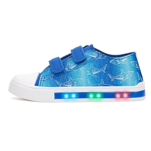 Image of Boys Light Up Trainers Kids Summer Canvas Shoes Toddler Outdoor Indoor School Shoes with Hook and Loops Shark Size 4 UK Child