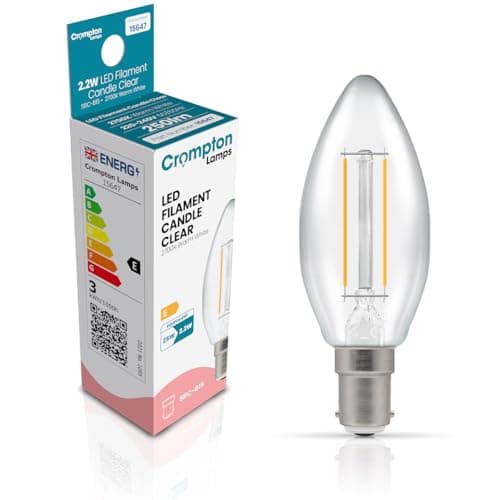 Image of Crompton Lamps Filament Candle LED Light Bulb SBC-B15d | 2.2W = 25W Equivalent | Warm White 2700K | Energy Efficient | Small Bayonet Lightbulb | Long Life 15000-Hrs | Clear Glass