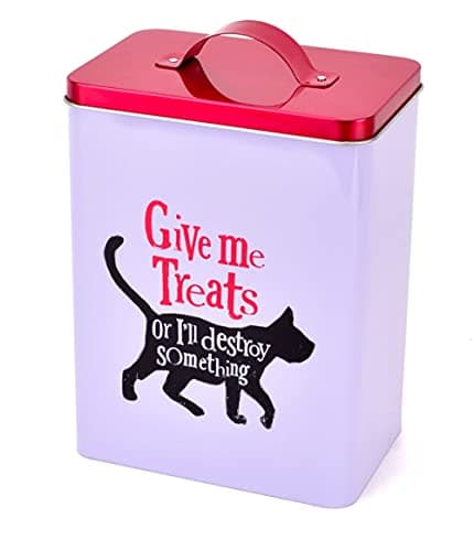 Image of Widdop and Co Fun, Humorous Cat Biscuit Treat Storage Tin - Give Me Treats - White, Black, Metallic Red - 22.5cm