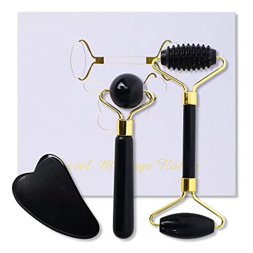Image of SOARFLY Jade Roller & Gua Sha Stone Set, 3-Piece Natural Obsidian Face Roller, Gua Sha Stone Massage Roller, Tightens Skin, Anti-Aging, Facial Massage Set