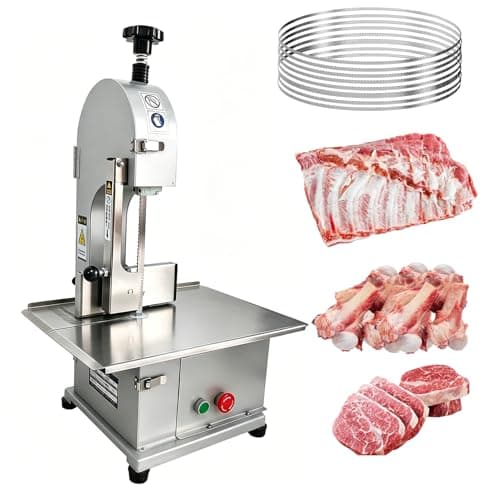 Image of 1100W Band Saw for Meat Cutting, Commercial Electric Bone Saw Machine with 44x31cm Workbeach, 0-13cm Thickness Range, Frozen Meat Cutter for Butchering Chicken Fish Pork Beef Ribs, 8 Blades