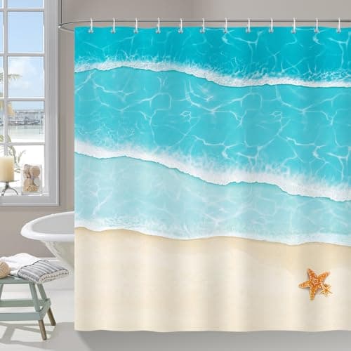 Image of COZZSNUGE Ocean Beach Shower Curtain, Summer Coastal Starfish Bathroom Curtain 180 x 180 cm, Water Repellent Mildew Resistant Polyester with 12 Hooks