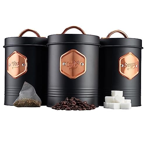 Image of Cooks Professional 3 Piece Tea Coffee Sugar Cannister Set | Labelled Storage Tins | Containers with Airtight Lids | Canisters for Kitchen Accessories & Essentials | Black & Copper