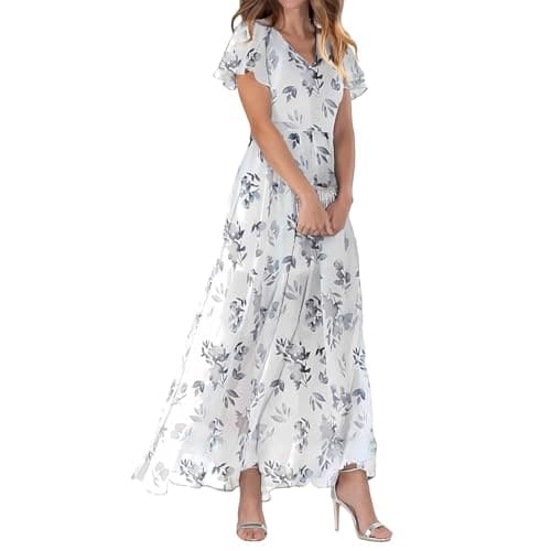 Image of Summer Dresses for Women UK 2025 Causal V-Neck Button Short Sleeve Vacation Floral Dress Boho Ladies Maxi Printing Dress Party Club Elegant Beach Dresses