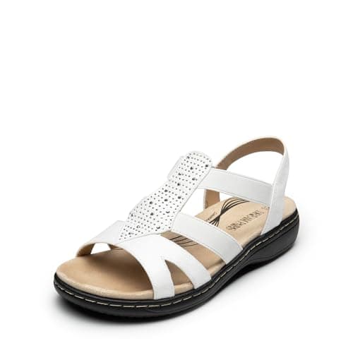 Image of DREAM PAIRS Women's Comfortable Arch Support Dressy Flat Sandals Elastic Open Toe Walking Shoes for Summer,Size 6,White,SDFS2420W