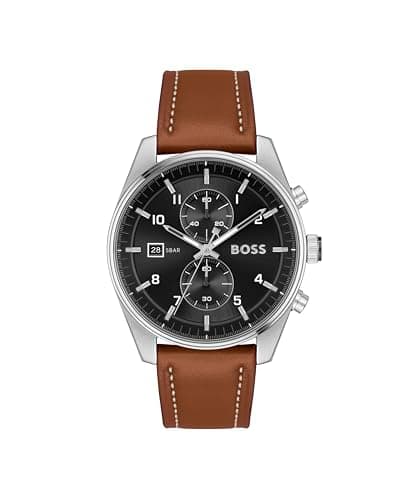 Image of BOSS Chronograph Quartz Watch for Men SKYTRAVELLER Collection with Brown Leather Strap - 1514161