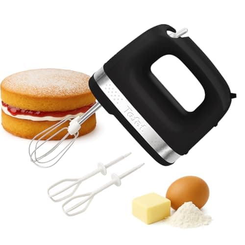 Image of Tefal Black Collection Compact Electric Hand Mixer, 2 Speeds, 2 Stainless Steel whisks, 2 Emulsion Whisks, Baking, Cakes, Multifunction Kitchen Hand Mixer, Batter, 200W, Dishwasher Safe Parts HT2118G0