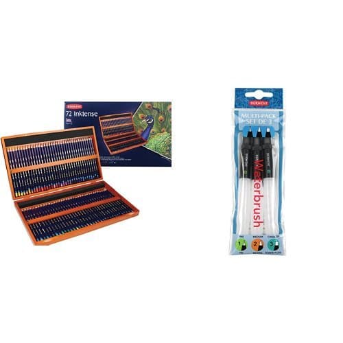 Image of Derwent Inktense Watercolour Pencils Wooden Box (Set of 72) with Derwent Waterbrush Multi-Pack (Pack of 3)