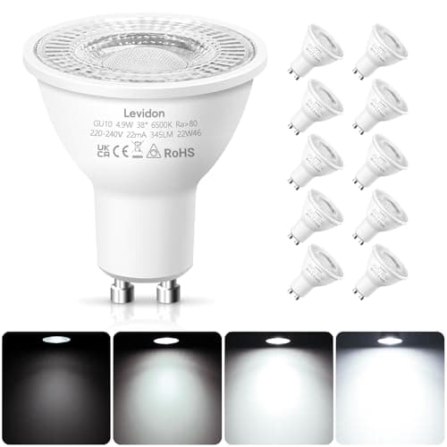 Image of Levidon GU10 LED Bulbs Dimmable, 4.9W LED GU10 Bulbs Dimmable, Cool White 6500K, 50W Halogen Spotlight Equivalent, 220-240V 38° Beam Angle Energy Saving - Pack of 10