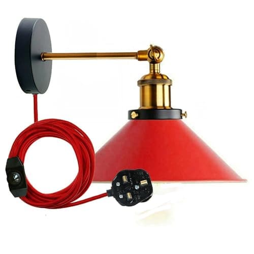 Image of LEDSone Industrial Wall Sconce Adjustable Arm Light dimmer Switch Plug in 22cm Red Metal Cone Lamp Shade with E27 Base Wall Lights for Restaurant Office and Indoor Home Decor