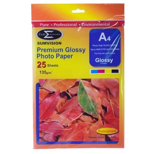 Image of Sumvision A4 135gm Glossy Photo Paper Premium Professional Gloss Finish Inkjet Printable Photo Paper 25 Sheet Pack